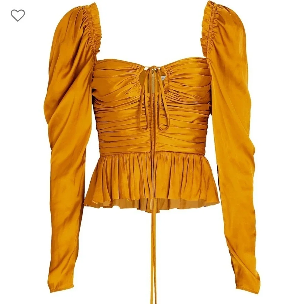 Ulla‎ Johnson Mirelle Plissé Satin Peplum Blouse Womens 0 Goldenrod Boho Ruched